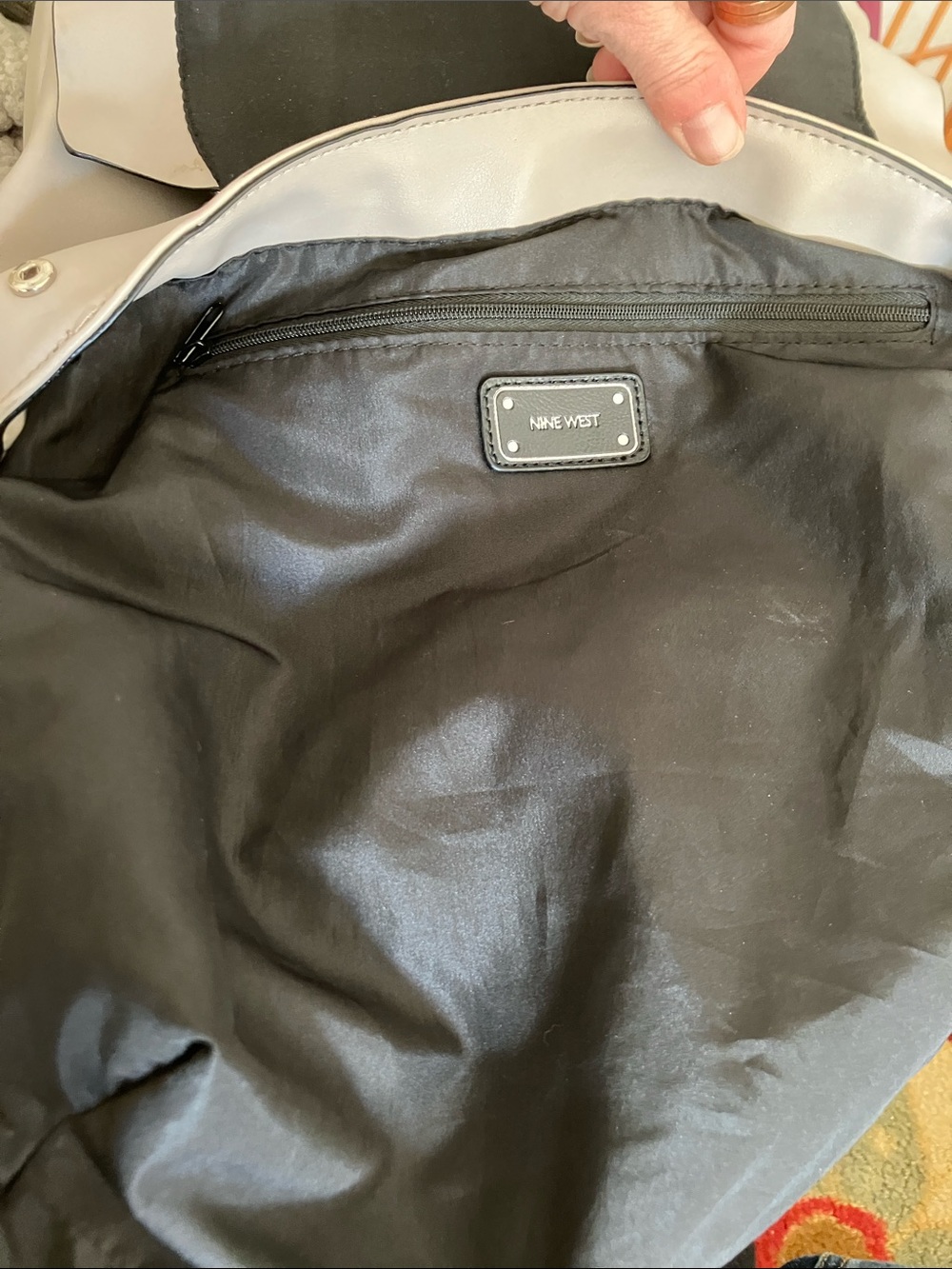 EUC Nine West Light Gray Backpack with Multicolor Dot Medallion 12x10x5 - Picture 9 of 10